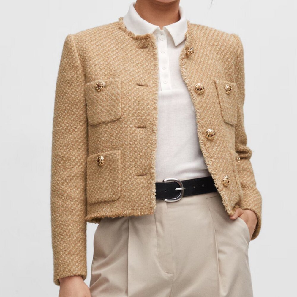 NWOT Mango MNG Tweed jacket with pockets in Beige, Size XS, $159